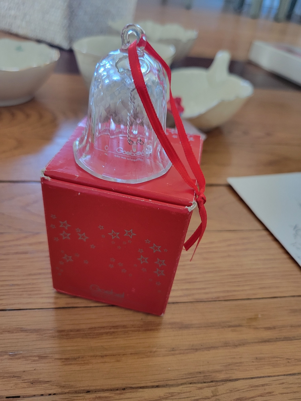 Clear Glass Goebel Crystal Bell Ornament with Red Ribbon